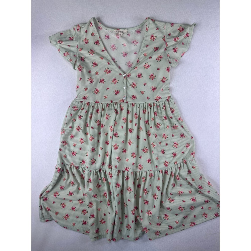 Jessica Simpson Women Floral Ribbed Babydoll Mini Dress Sage Green Pink Rose L - Picture 2 of 12